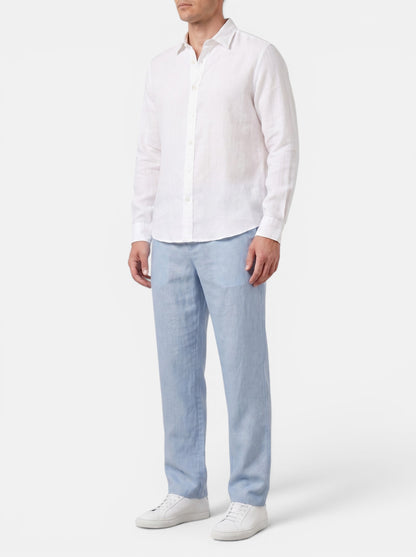 Men's light blue cotton linen relaxed fit casual pants with elasticated waist and back pocket.
