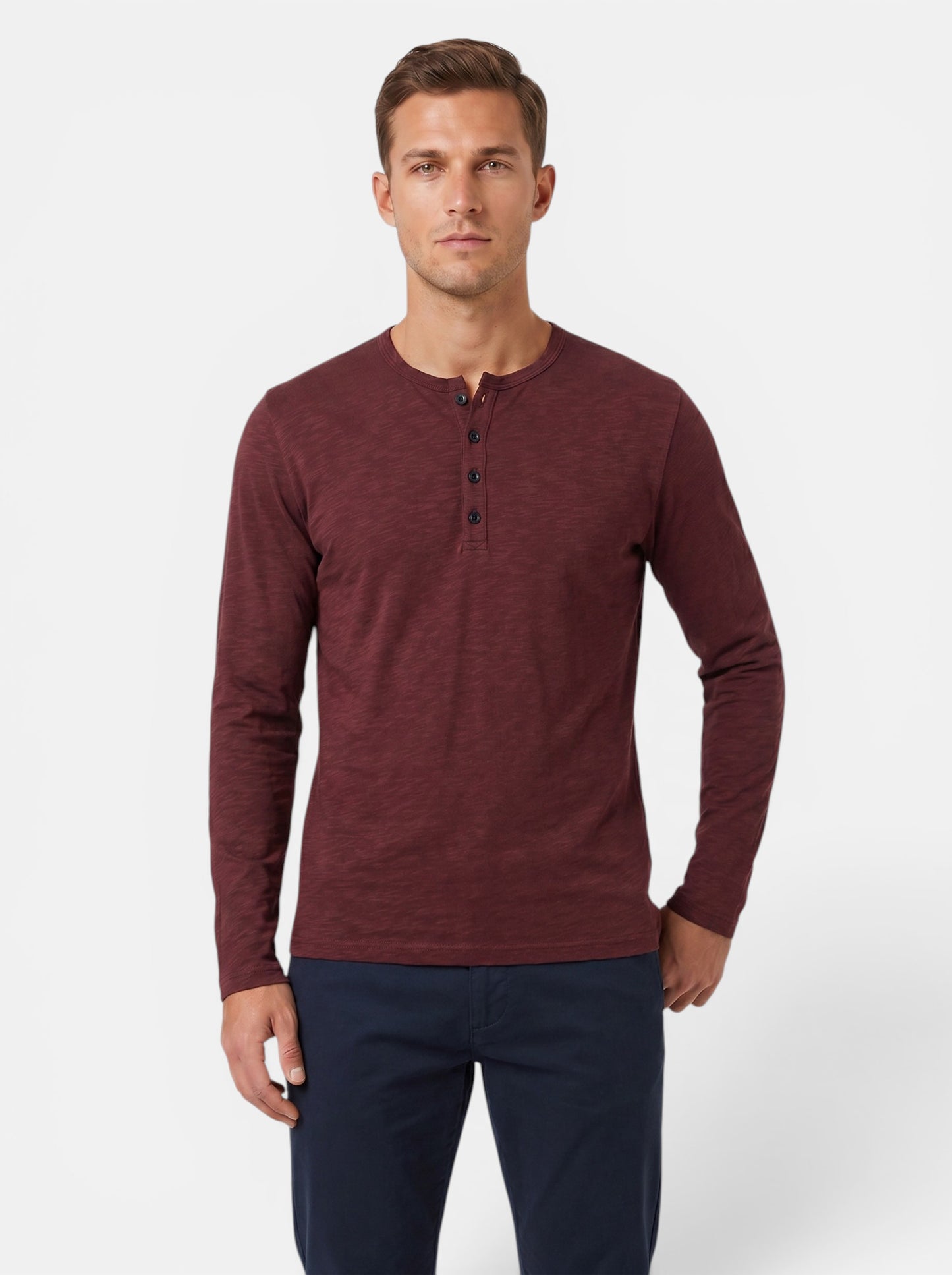 Men's long-sleeve burgundy cotton blend Henley shirt with button placket.