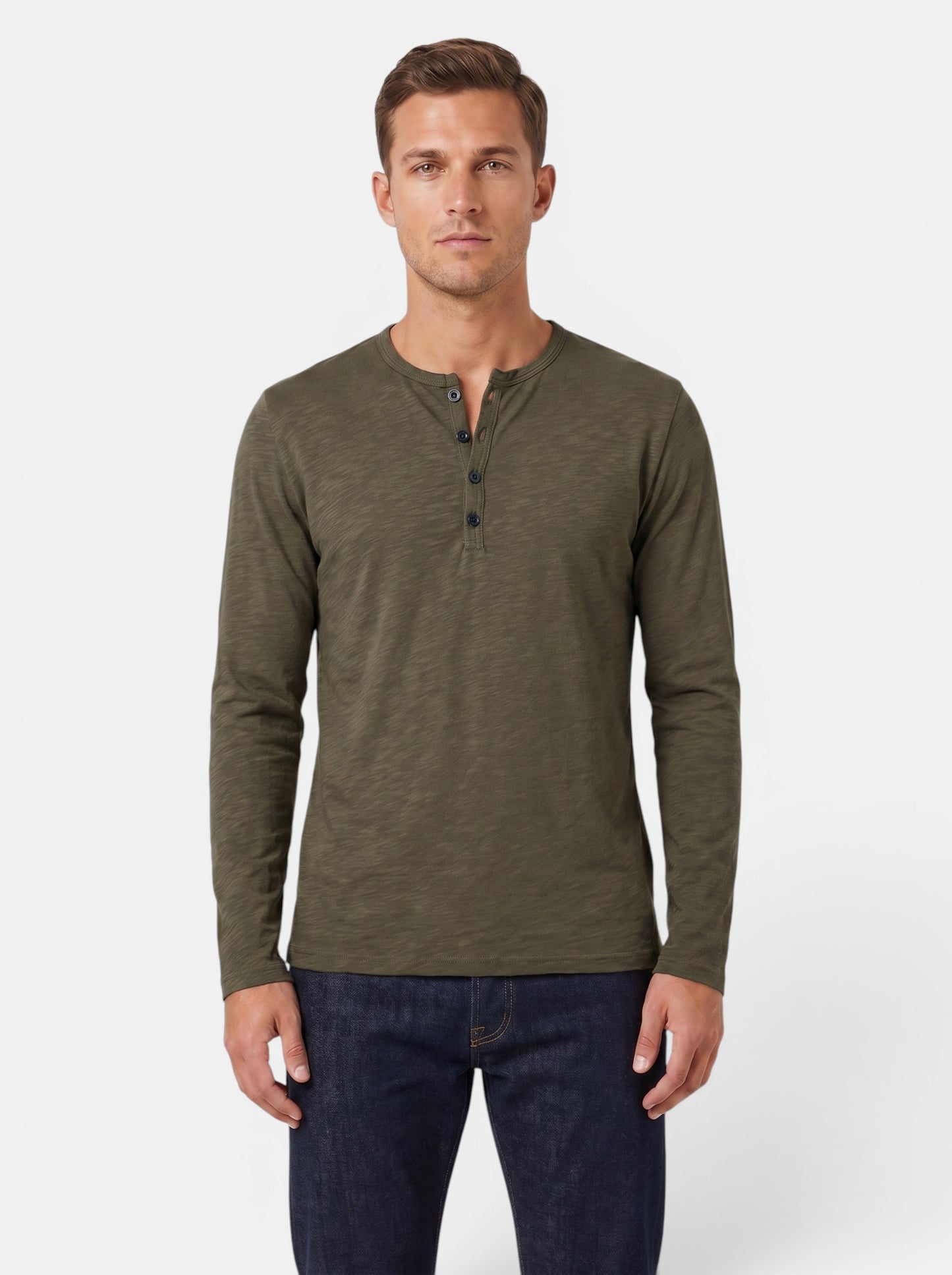 Men's long-sleeve olive green cotton blend Henley shirt with button placket.