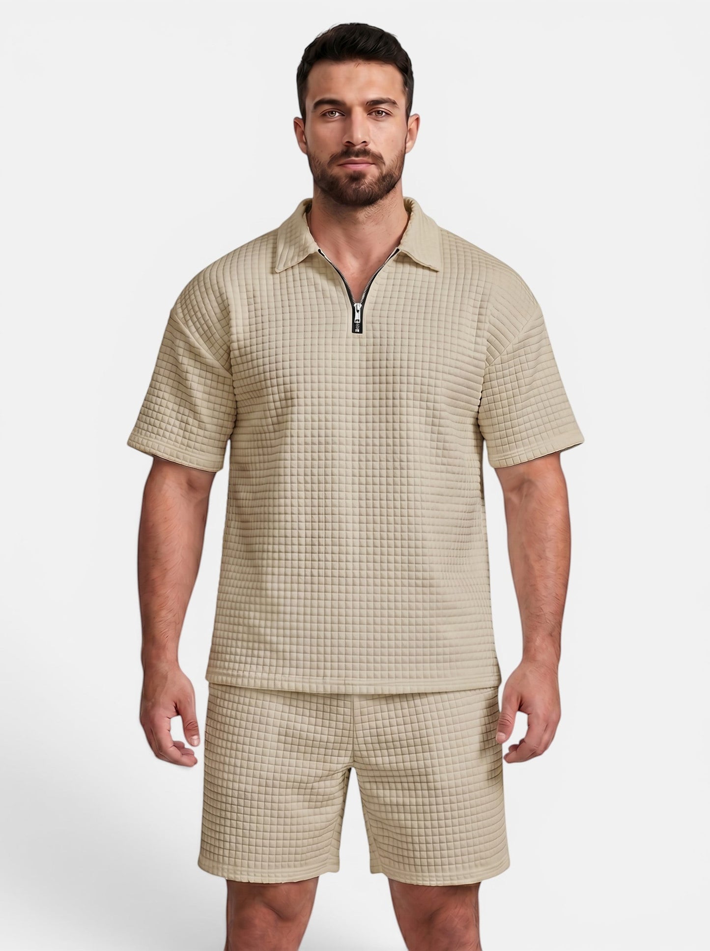 Men's beige quilted polyester short-sleeve polo shirt and shorts set with zip closure.