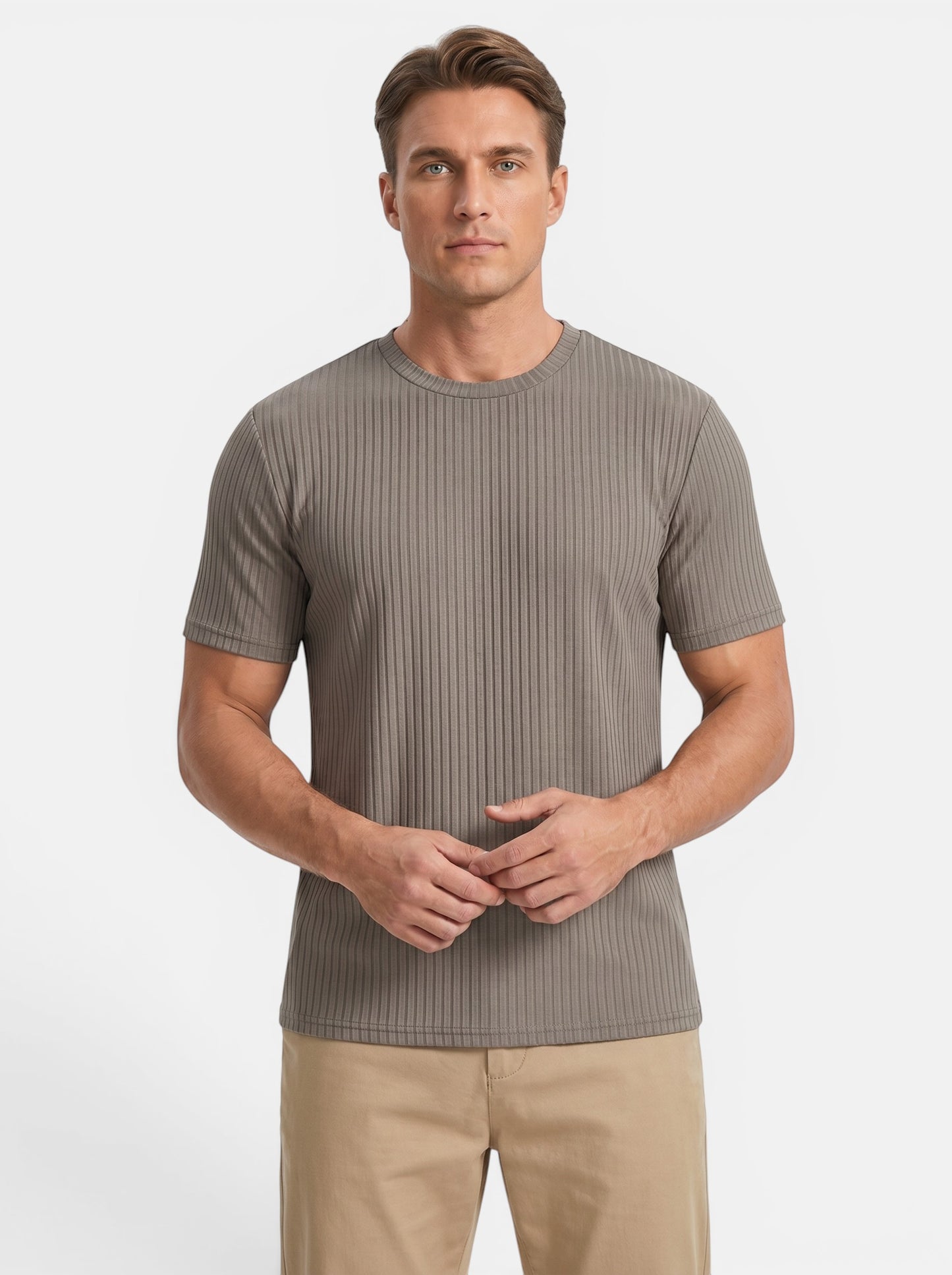 Men's slim-fit short-sleeve crew neck t-shirt in taupe ribbed polyester knit