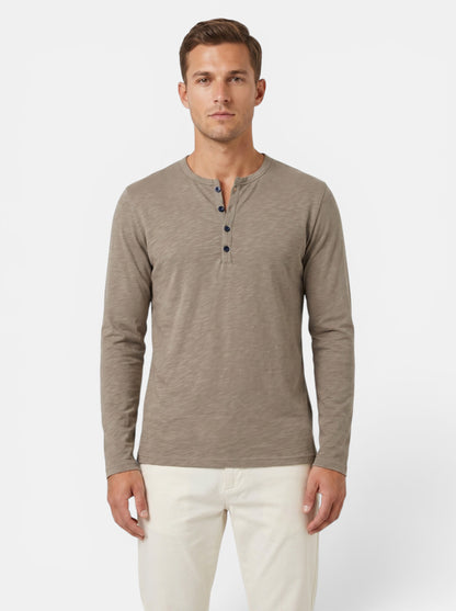 Men's taupe long-sleeve cotton blend Henley shirt with a three-button placket.