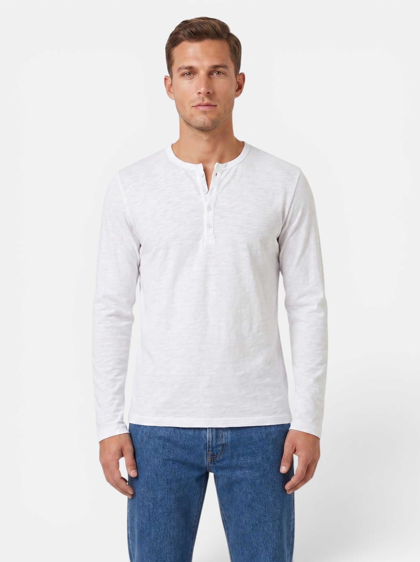 Men's white long-sleeve cotton blend Henley shirt with button placket.