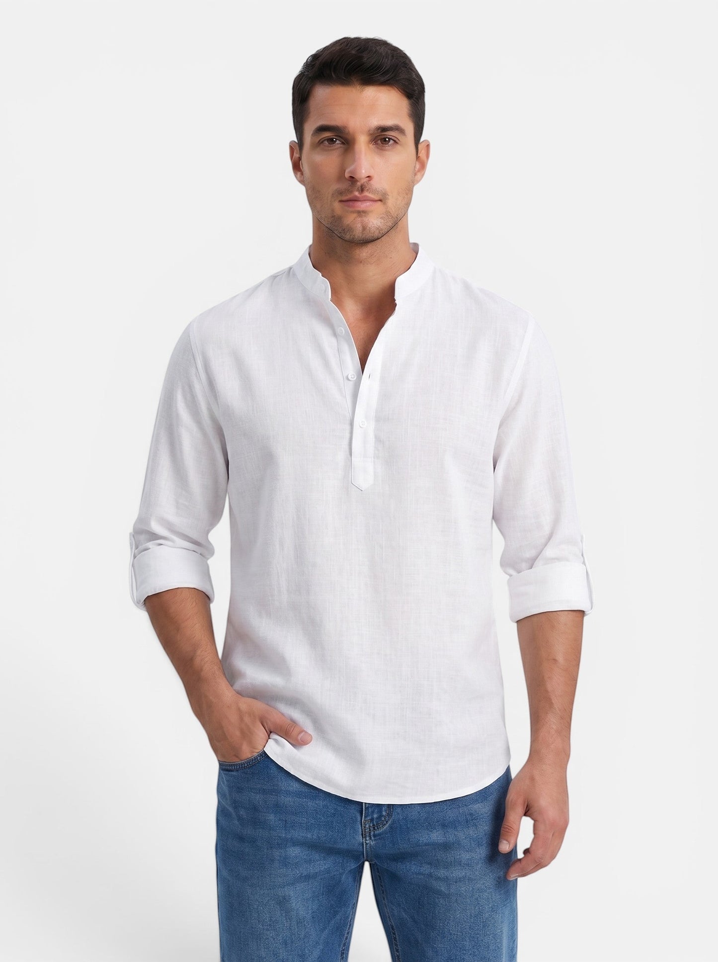 Men's white cotton linen long-sleeve Henley shirt with buttoned placket and rolled cuffs.