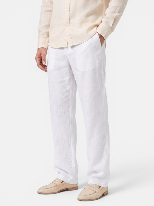 Men's white cotton linen relaxed fit wide-leg casual pants with elasticated waist.