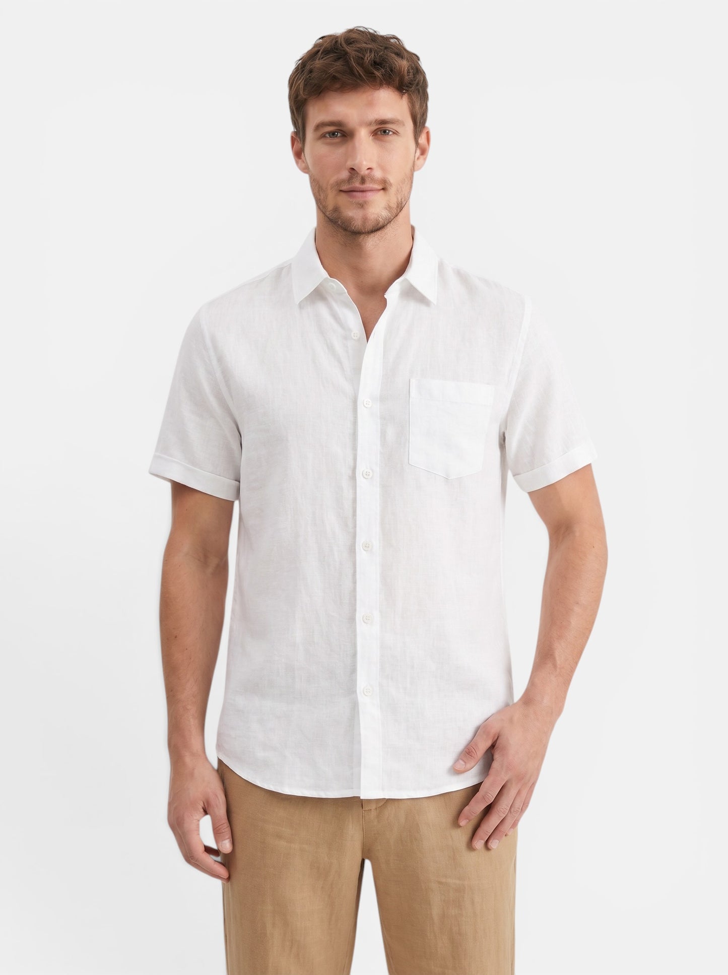 Men's white short-sleeve cotton linen blend casual beach shirt with turn-down collar and chest pocket.