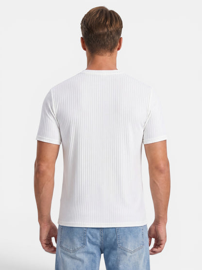 Men's white short-sleeve slim-fit knit t-shirt with vertical ribbing and crew neck.
