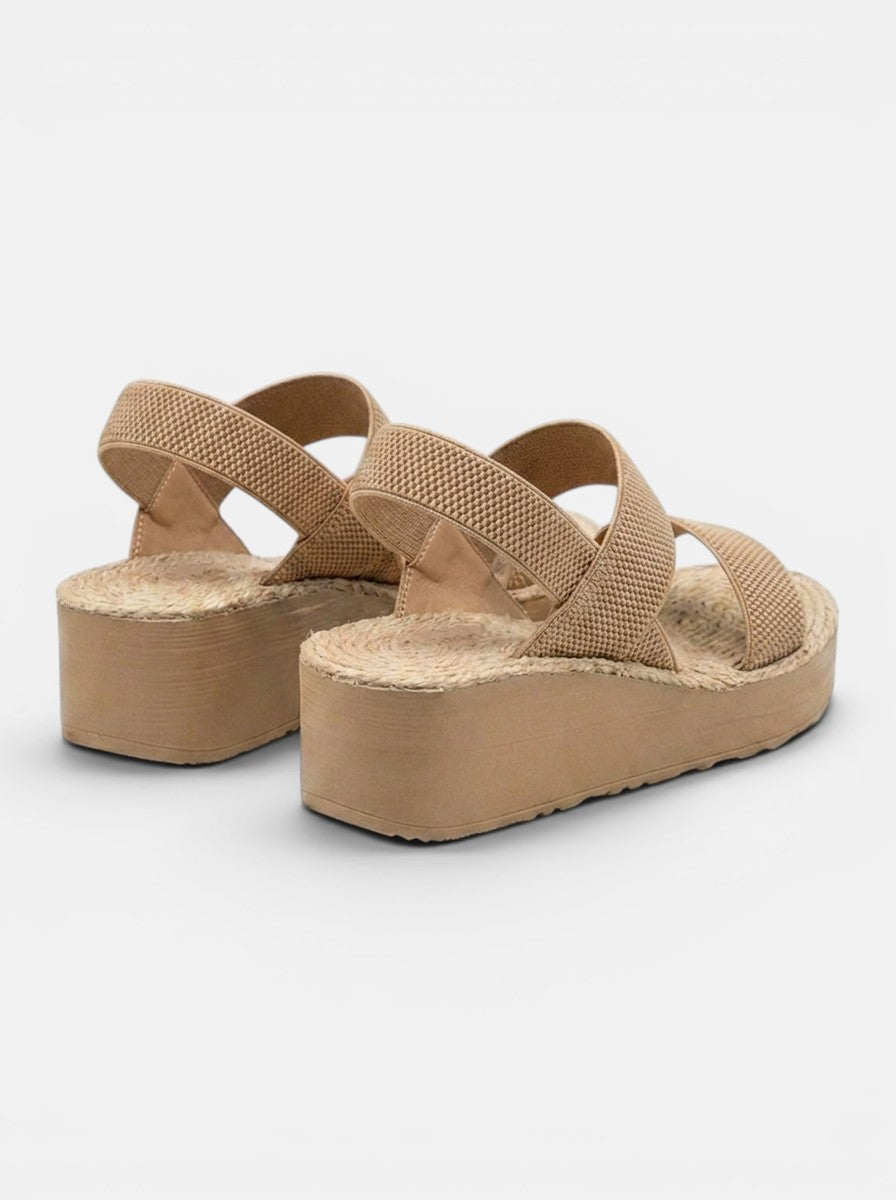 Venatte women's beige elastic strap slingback wedge sandals with espadrille platform sole.