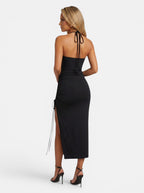 Venatte black sleeveless bodycon midi dress with halter neck and ruched side slit