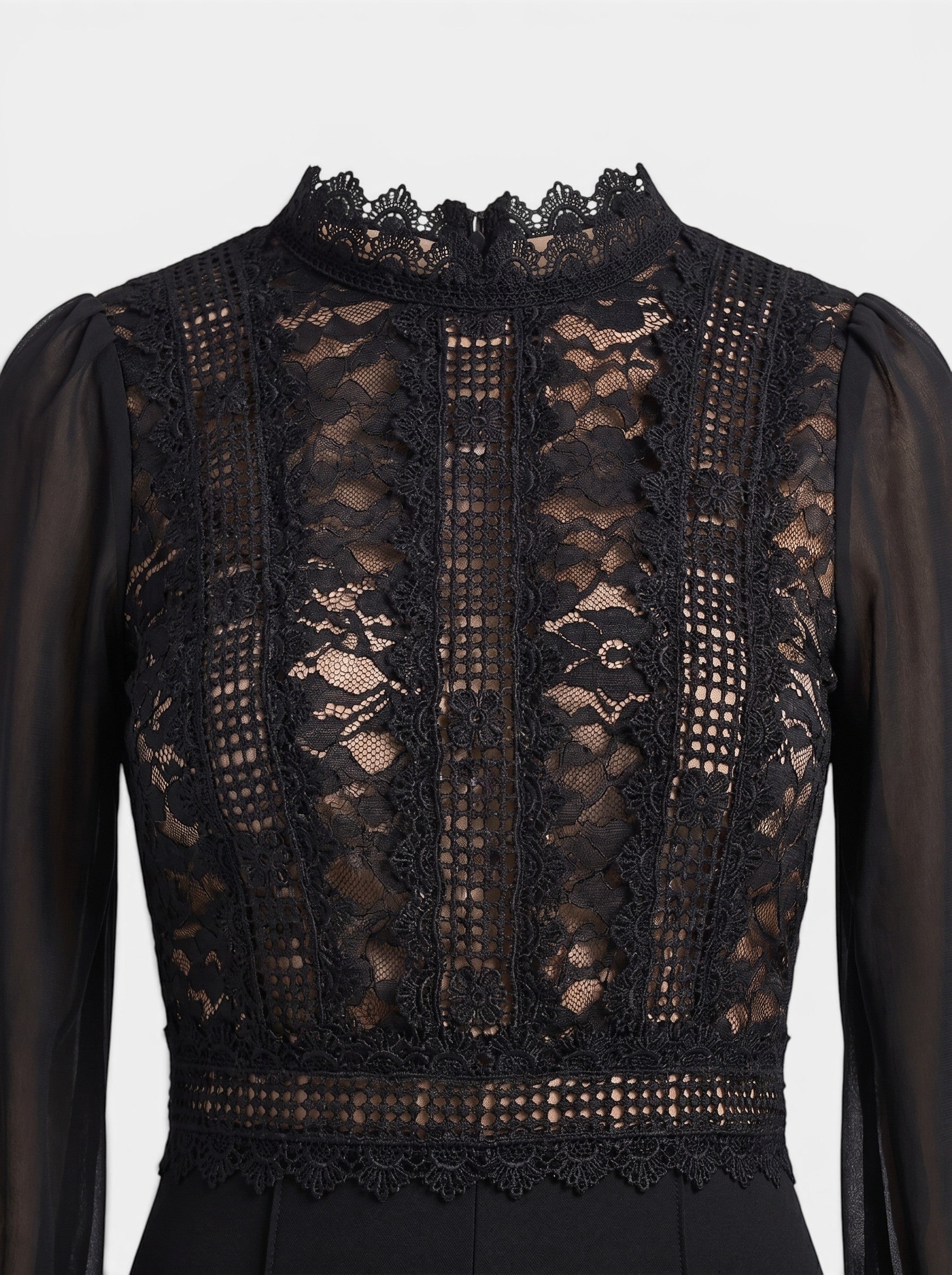 Venatte black crochet lace mesh jumpsuit with sheer sleeves and mock neck. Perfect for evening events.