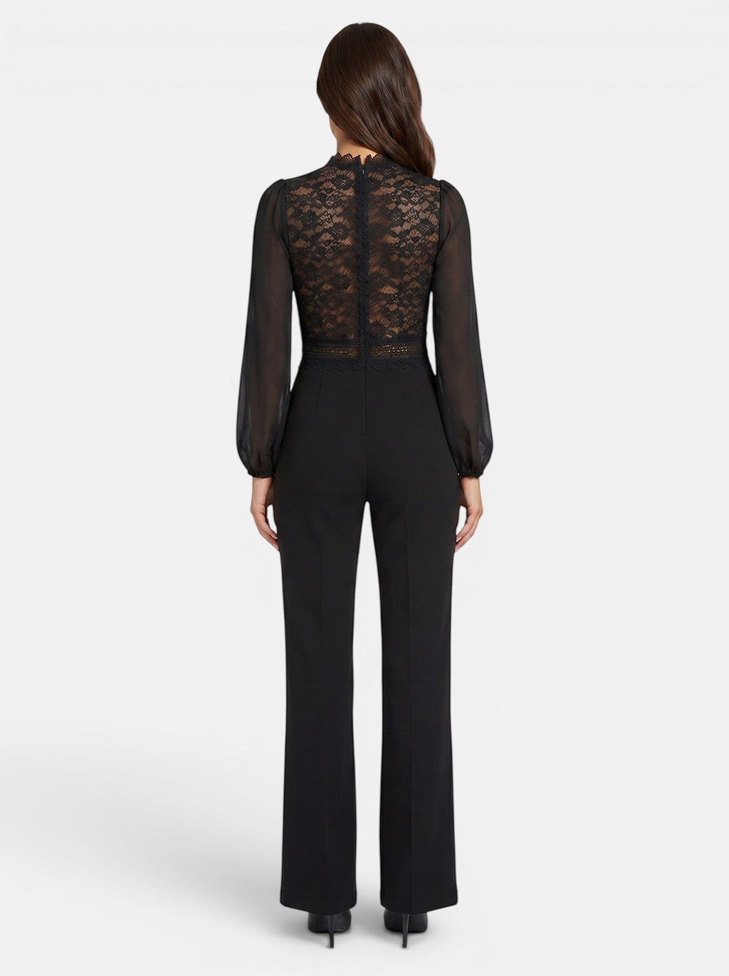 Venatte black crochet lace mesh jumpsuit with long sheer sleeves and flared legs. Elegant evening wear.