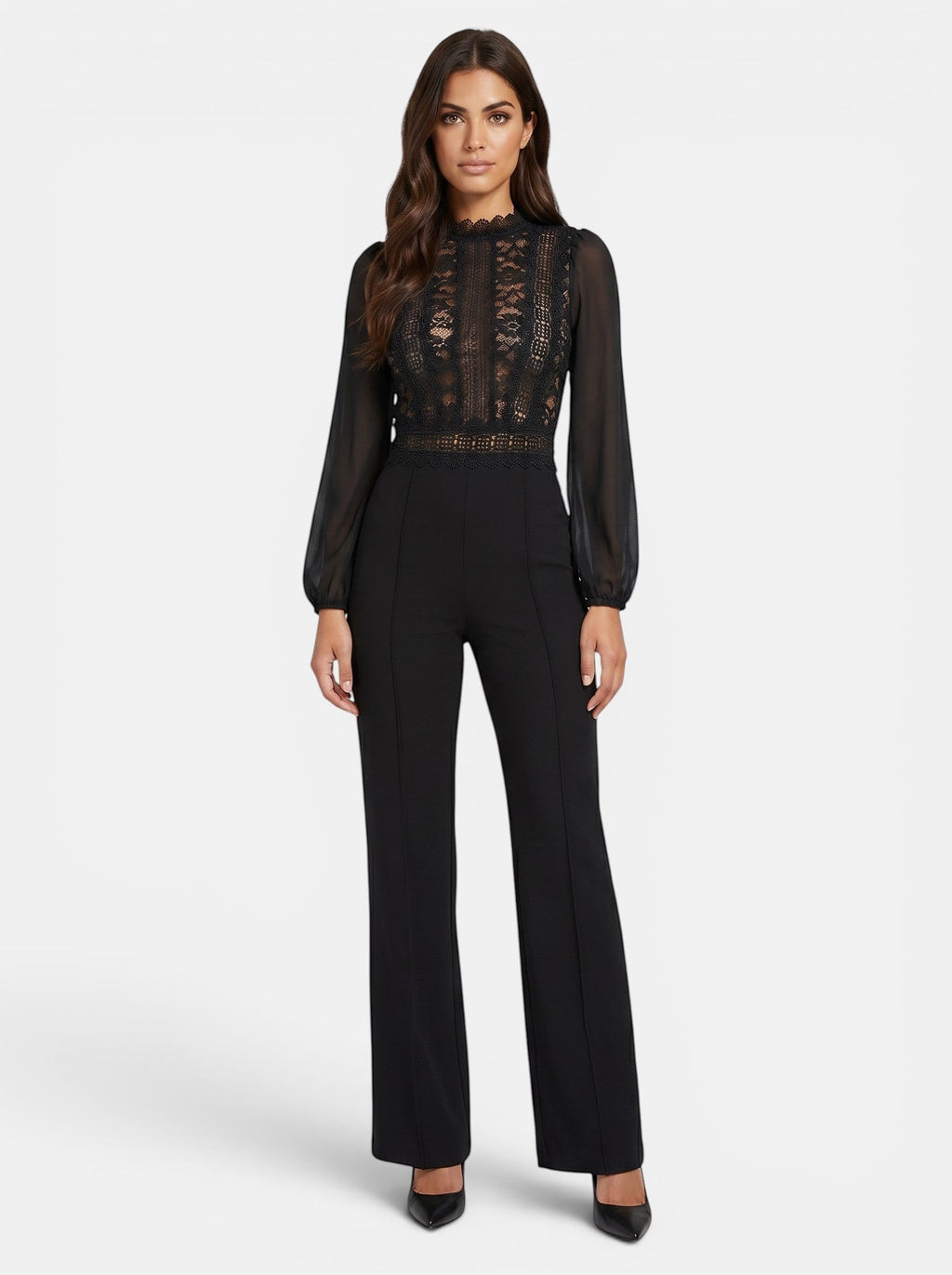 Venatte black crochet lace mesh jumpsuit with long sheer sleeves and flared legs. Elegant evening wear.