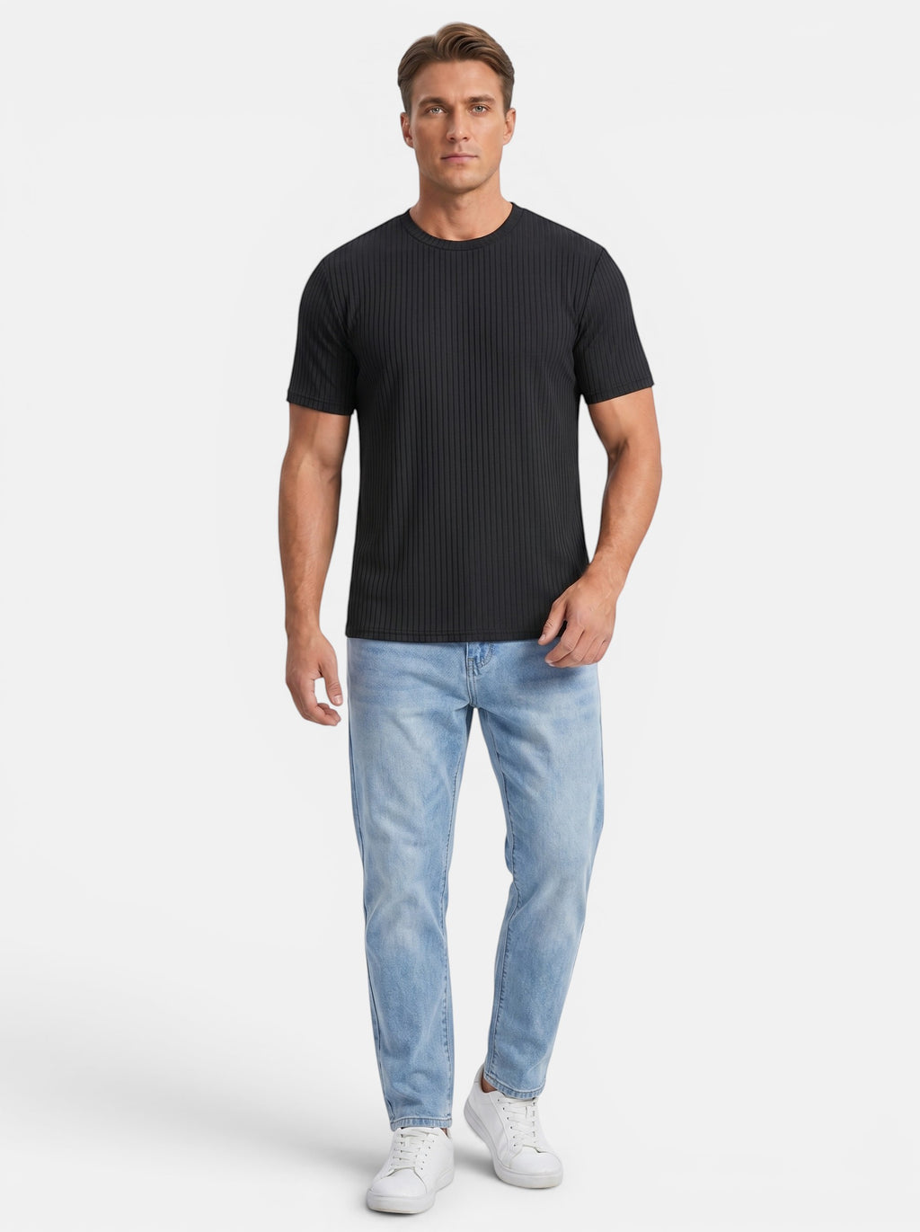 Venatte men's black slim-fit short-sleeve knit t-shirt with crew neckline and vertical ribbing. Made of polyester.