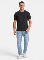 Venatte men's black slim-fit short-sleeve knit t-shirt with crew neckline and vertical ribbing. Made of polyester.