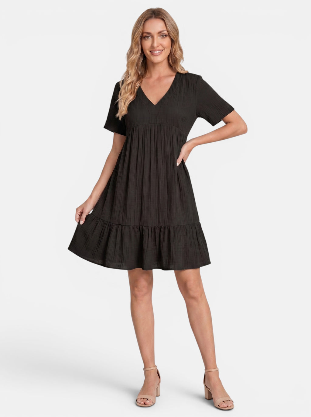 Venatte black short-sleeve V-neck mini dress with ruffle detailing and A-line silhouette, made of polyester blend.