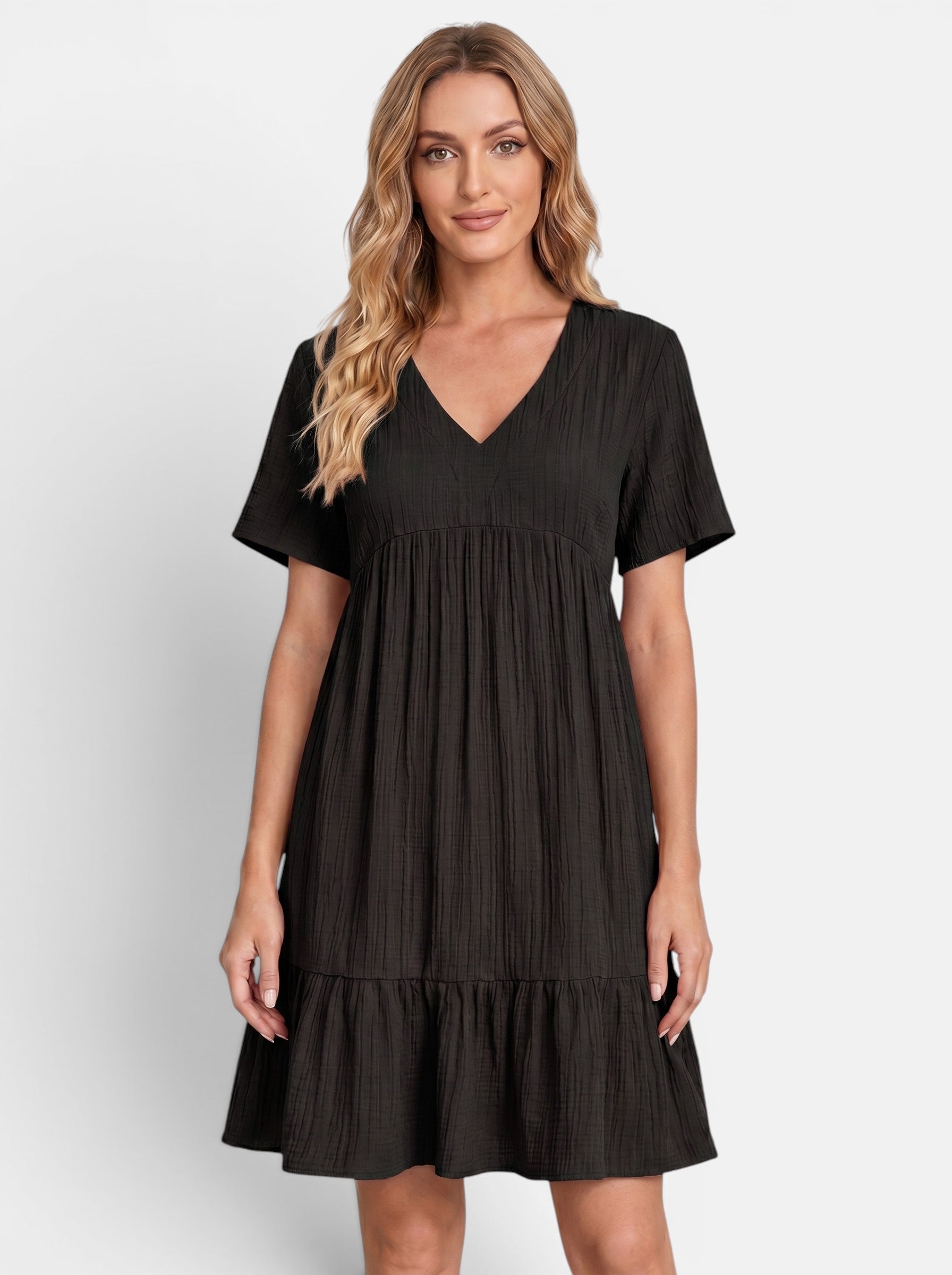 Venatte women's black ruffled V-neck mini dress made of soft polyester blend, perfect for summer.