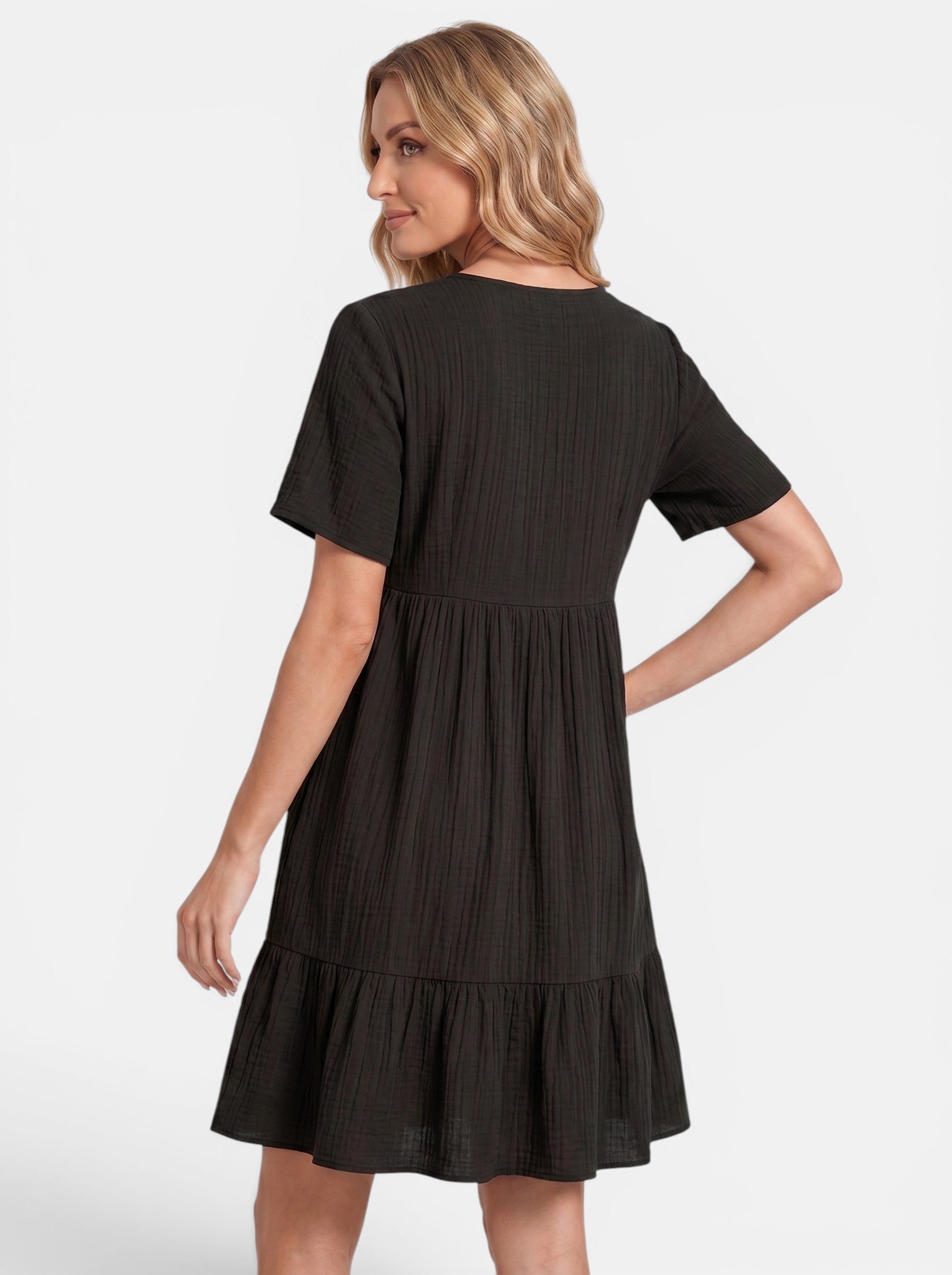 Venatte women's dark grey textured mini dress with short sleeves, V-neck, and ruffled hem. Bohemian style.
