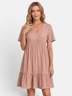 Venatte women's dusty rose bohemian mini dress with V-neck, short sleeves, and ruffled hem. Lightweight polyester blend.