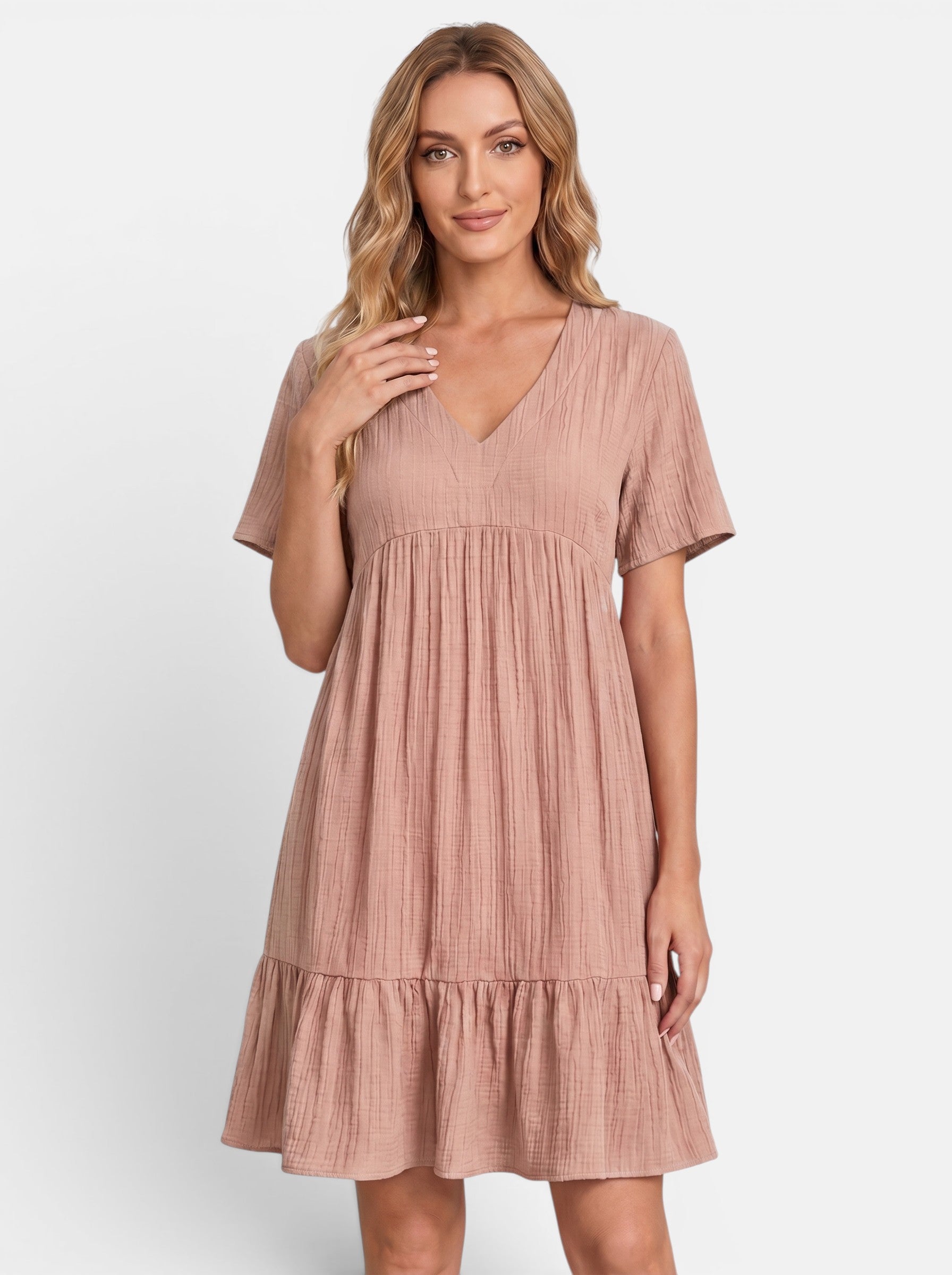 Venatte women's dusty rose bohemian mini dress with V-neck, short sleeves, and ruffled hem. Lightweight polyester blend.