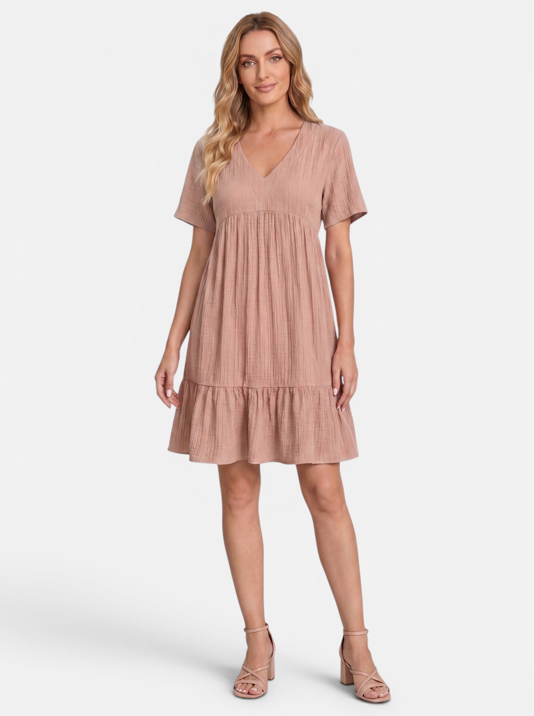 Venatte women's dusty rose bohemian mini dress with V-neck, short sleeves, and ruffle hem. Lightweight polyester blend.
