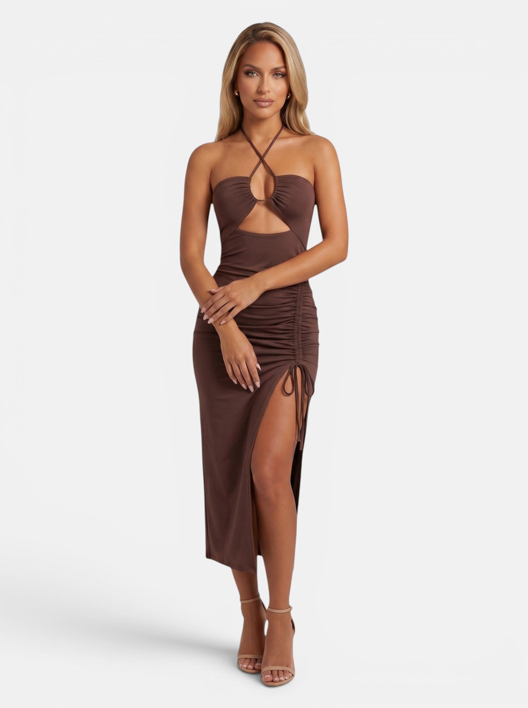 Venatte brown sleeveless bodycon midi dress with cutout and ruched side slit. Polyester-cotton blend.