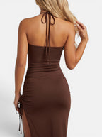 Venatte women's sleeveless brown bodycon midi dress with ruched sides and a high slit