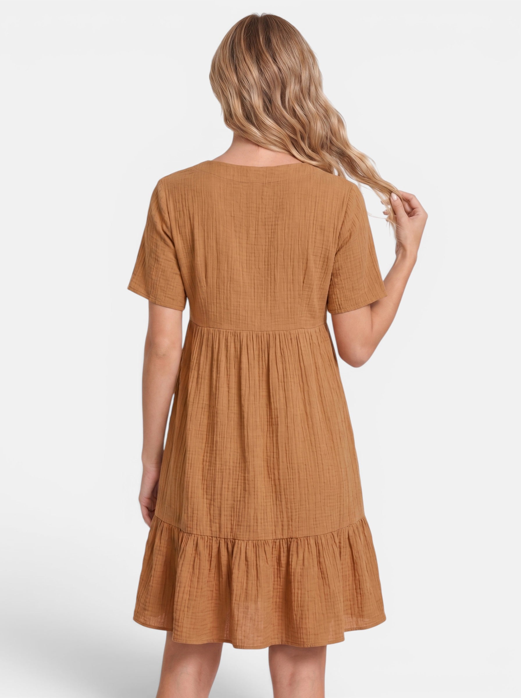 Venatte women's brown gauze mini dress with V-neck, short sleeves, and ruffled hem. Bohemian style.