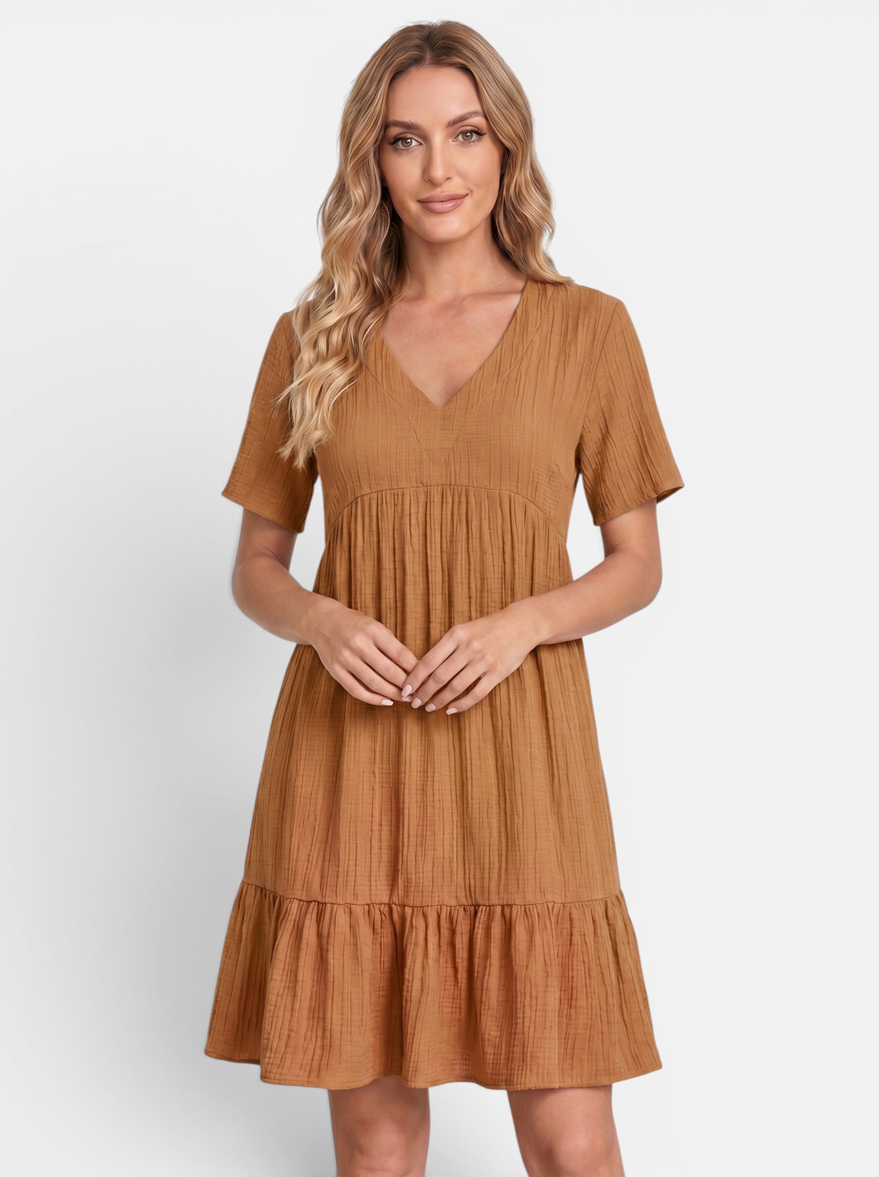 Venatte women's brown V-neck short-sleeve mini dress with ruffle detailing and tiered hem. Lightweight polyester blend.