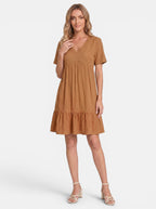 Venatte women's brown short-sleeve V-neck mini dress with ruffle detailing and A-line silhouette.