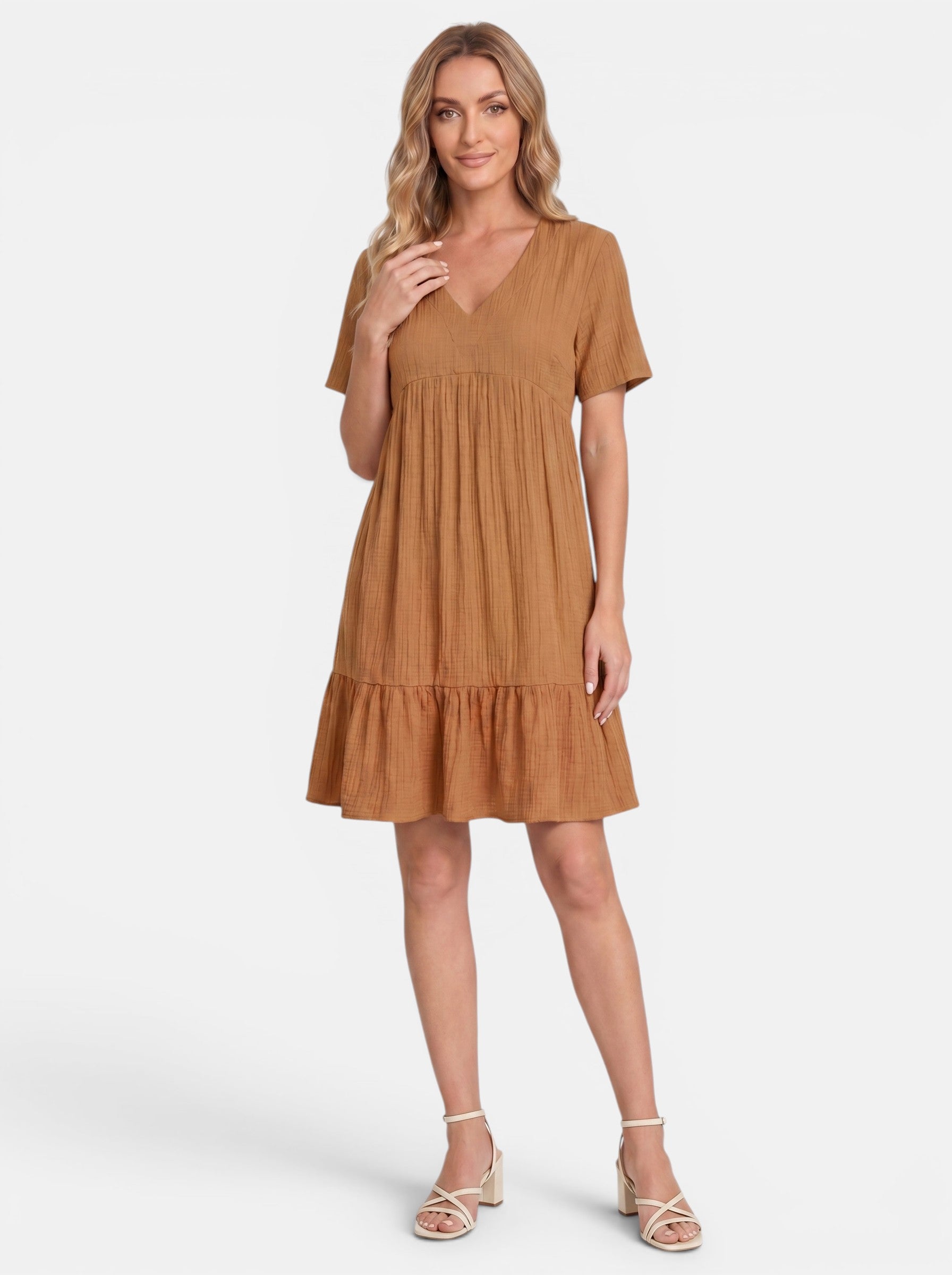 Venatte women's brown short-sleeve V-neck mini dress with ruffle detailing and A-line silhouette.