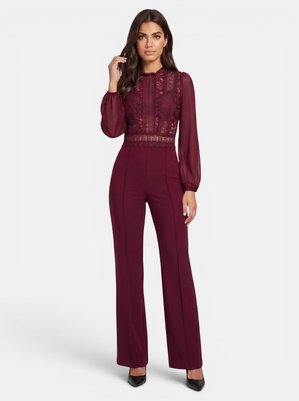 Venatte women's burgundy long sleeve crochet lace mesh jumpsuit with flared legs. Polyester blend.