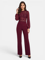 Venatte women's burgundy long sleeve crochet lace mesh jumpsuit with flared legs. Polyester blend.