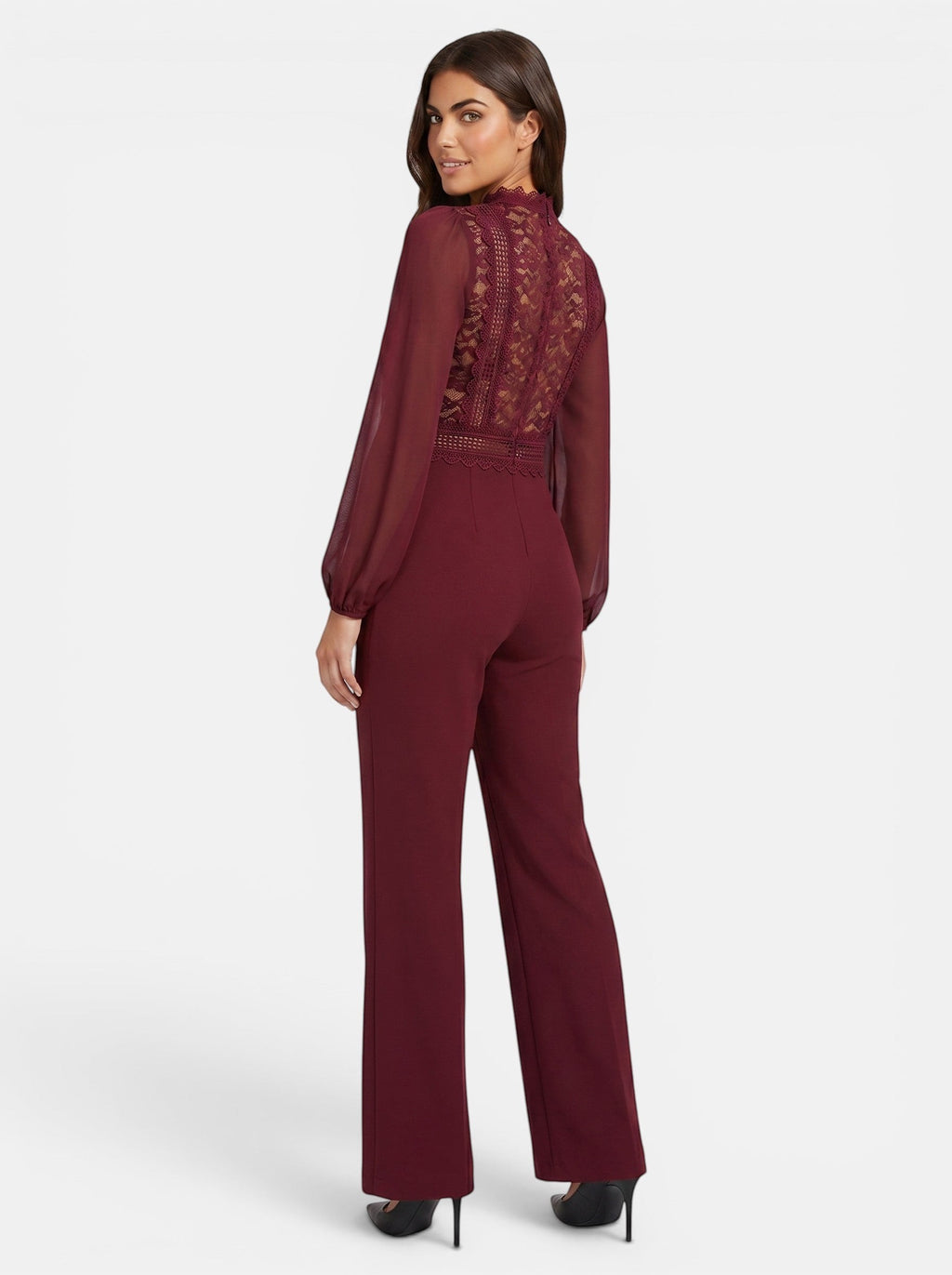 Venatte women's burgundy long sleeve jumpsuit with crochet lace mesh back and high neck. Polyester blend.