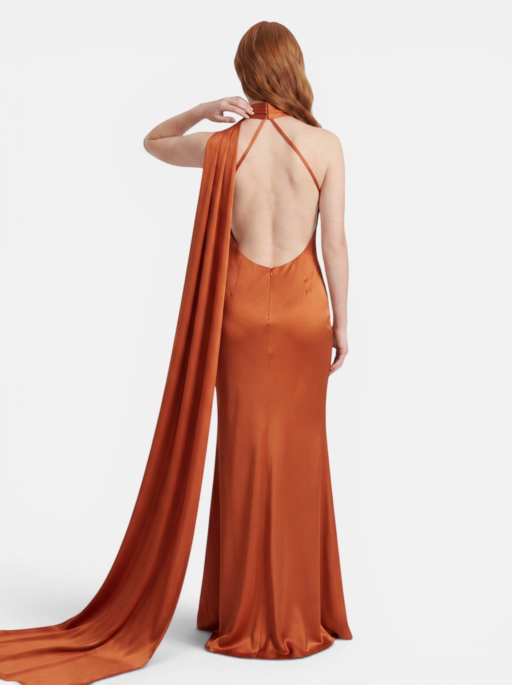 Venatte women's burnt orange satin halter party dress with a backless design and flowing cape detail.