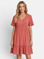 Venatte women's coral pink ruffled V-neck mini dress made of polyester blend, perfect for summer.