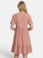 Venatte women's dusty rose gauze mini dress with V-neck, short sleeves, tiered skirt, and ruffle hem.