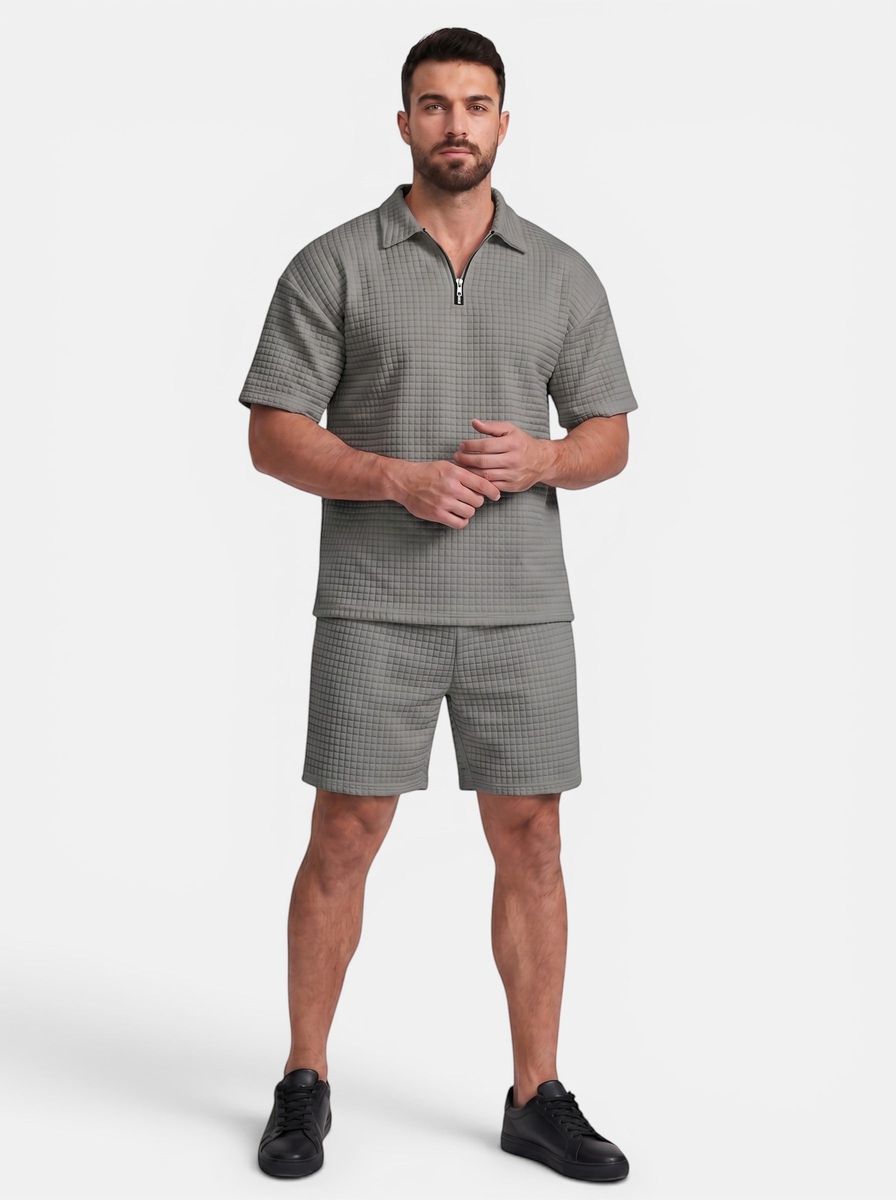 Venatte men's grey quilted polyester short-sleeve polo shirt and shorts set with quarter-zip closure.
