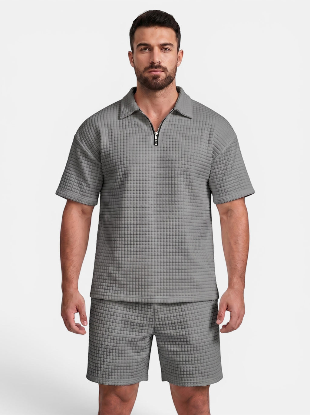 Venatte men's grey quilted polyester short-sleeve polo shirt and shorts set with quarter-zip closure.