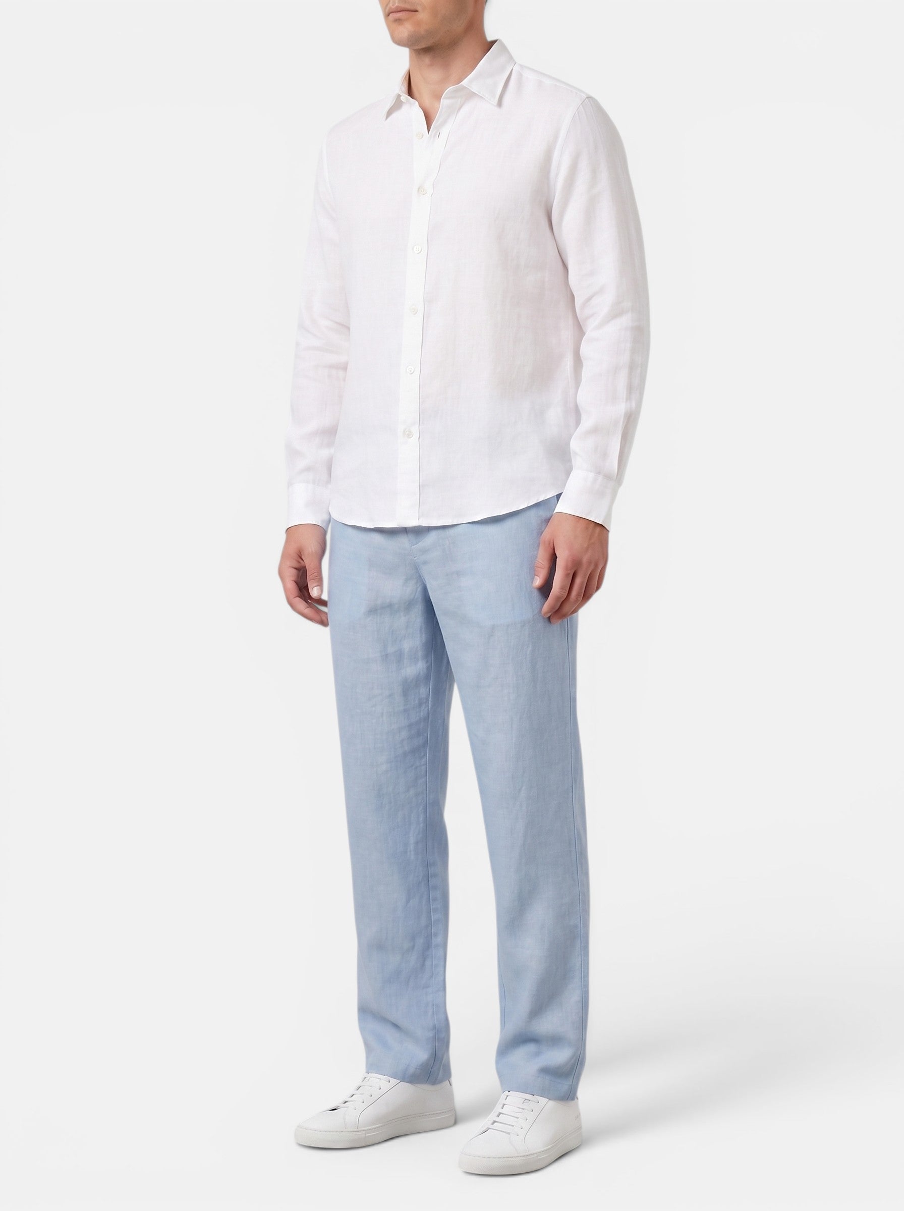 Venatte light blue cotton linen relaxed fit casual pants with elasticated waist and back pocket.