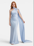 Venatte women's light blue satin halter neck party dress with flowing cape detail and backless silhouette.