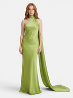 Venatte women's lime green satin style halter party dress with flowing back detail and open back.
