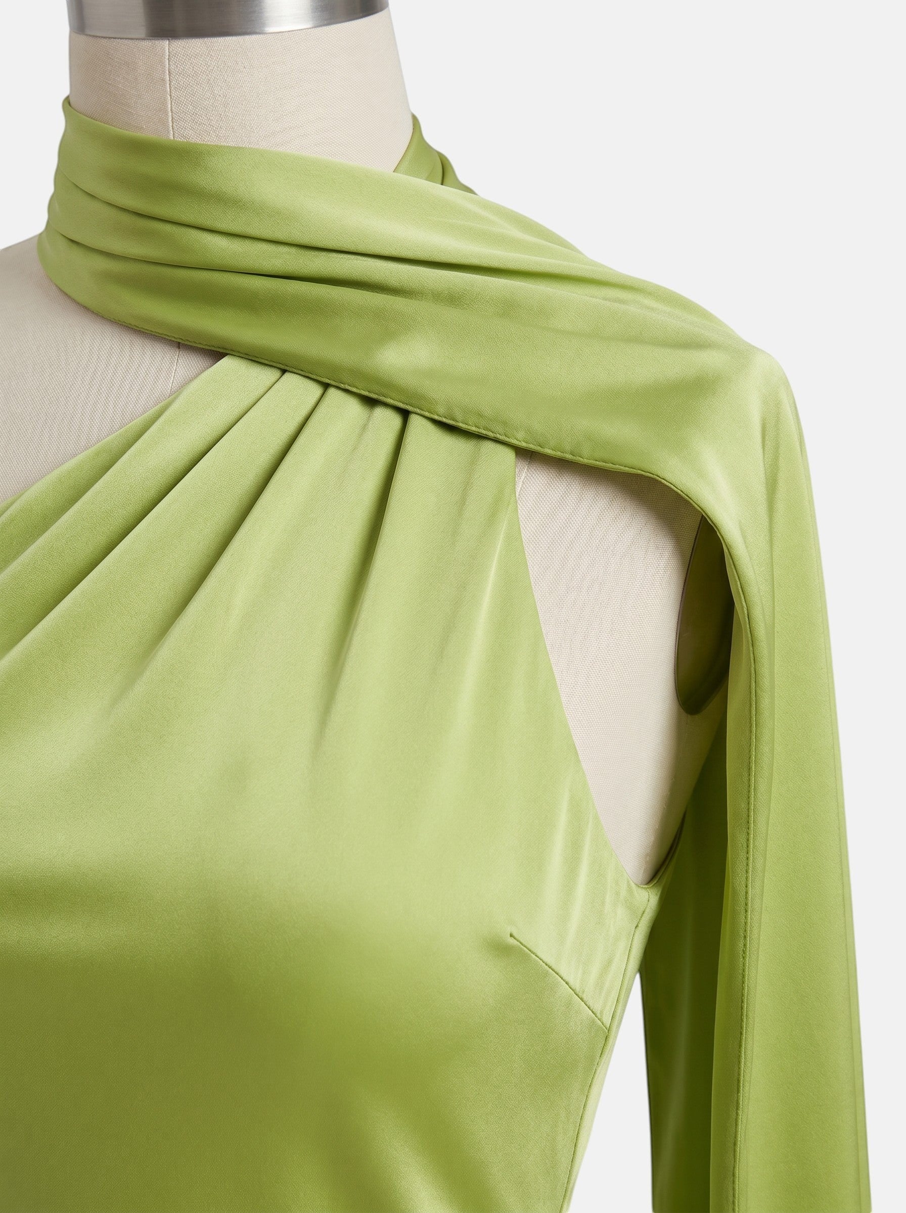 Venatte women's lime green satin style halter party dress with draped neckline and open back.