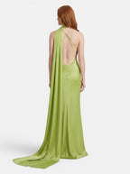 Venatte women's lime green satin halter party dress with a backless design and flowing train.