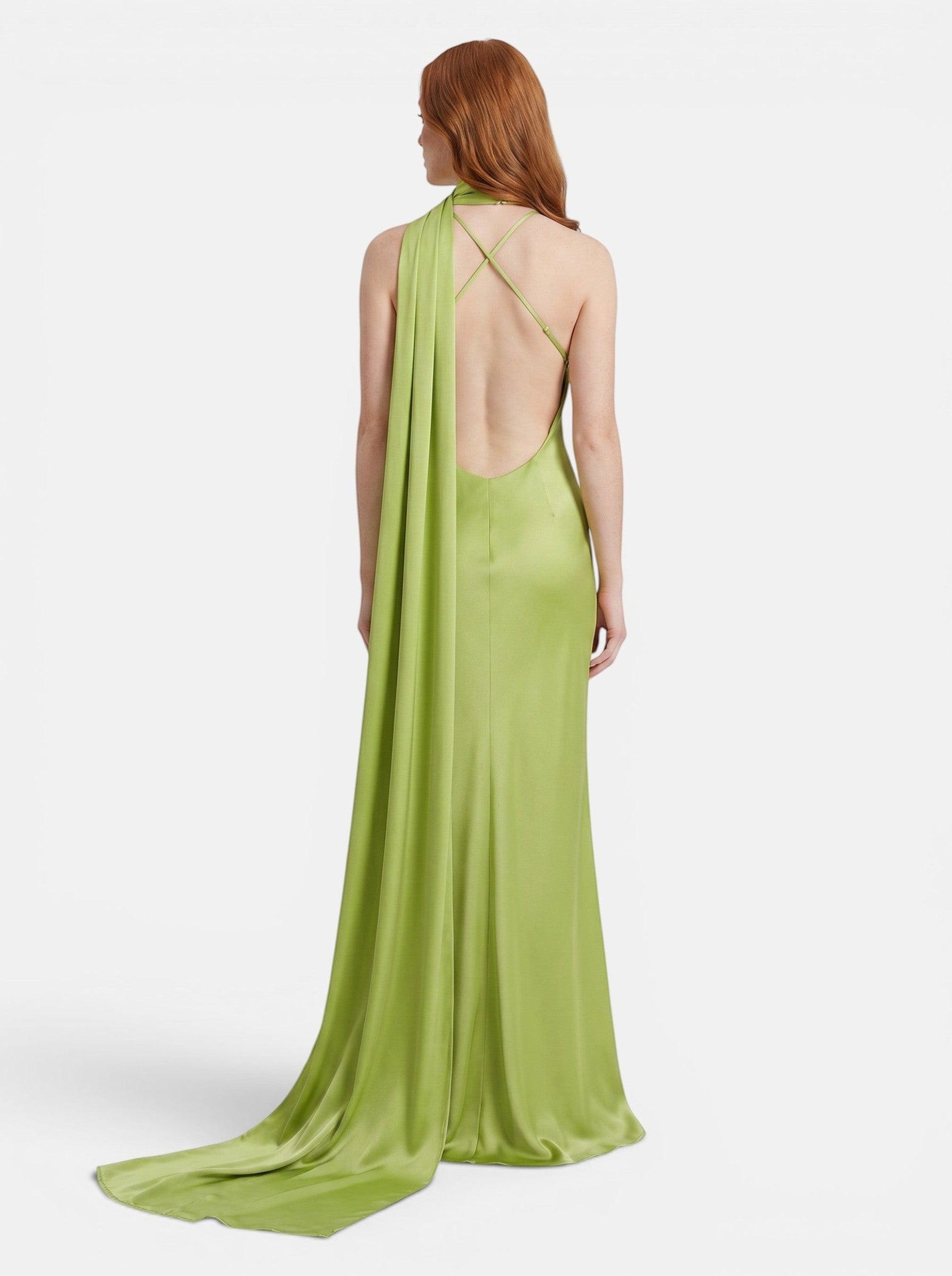 Venatte women's lime green satin halter party dress with a backless design and flowing train.