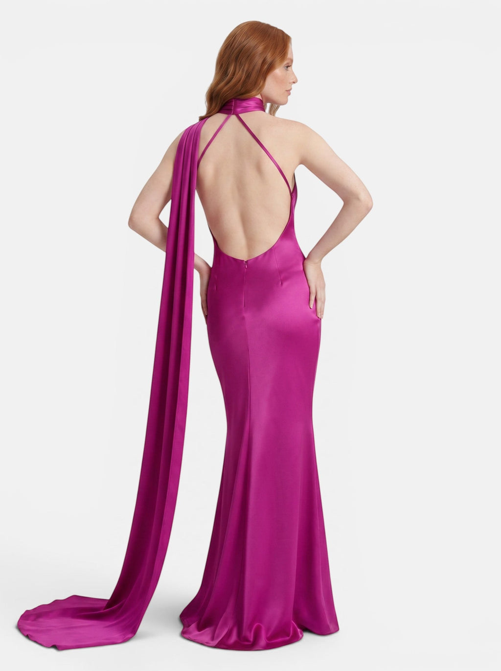 Venatte women's magenta satin style halter party dress with flowing back detail and mermaid hem.