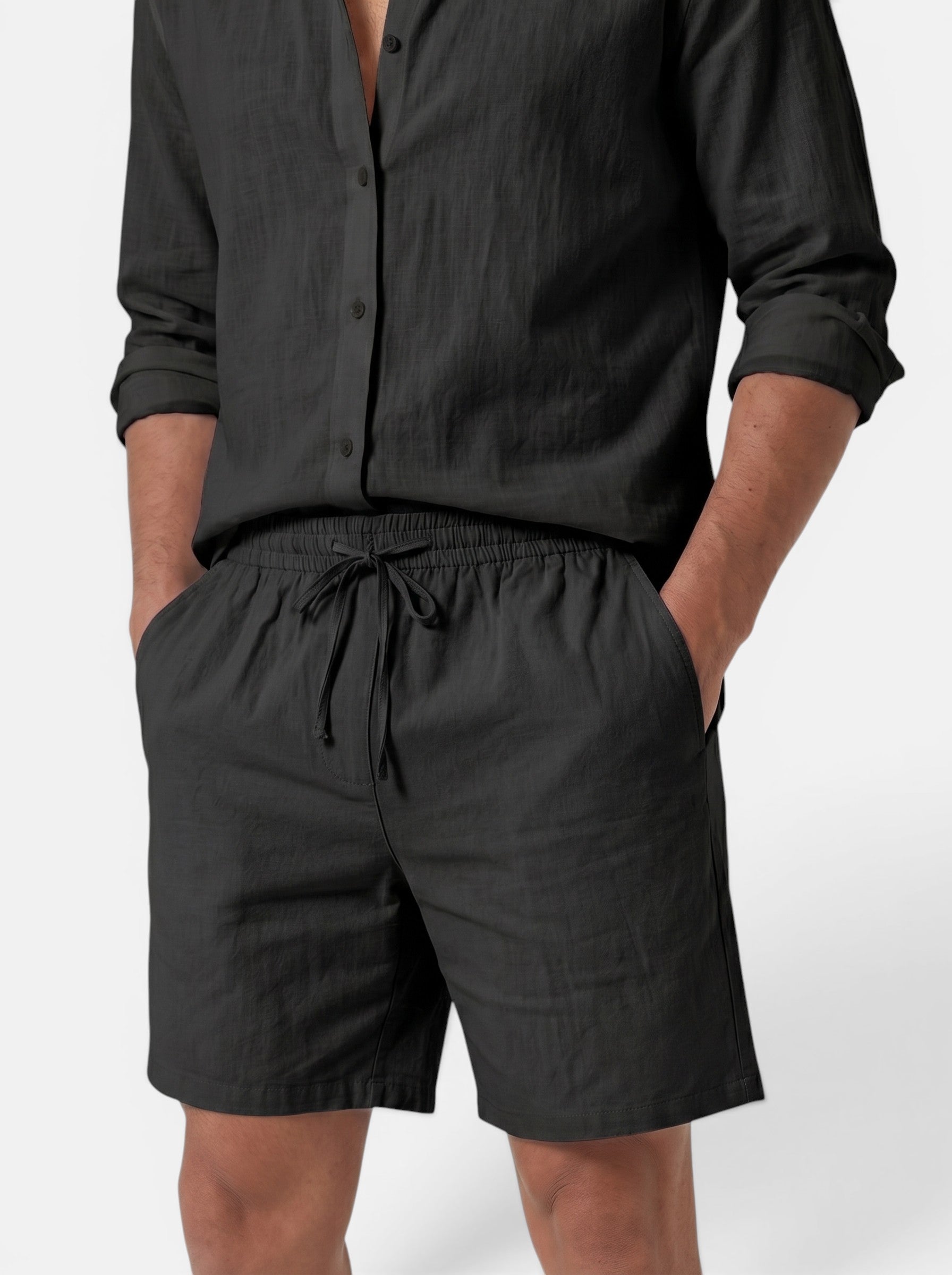 Venatte men's black linen shorts with elastic waistband and drawstring. Relaxed fit, breathable cotton-linen blend.