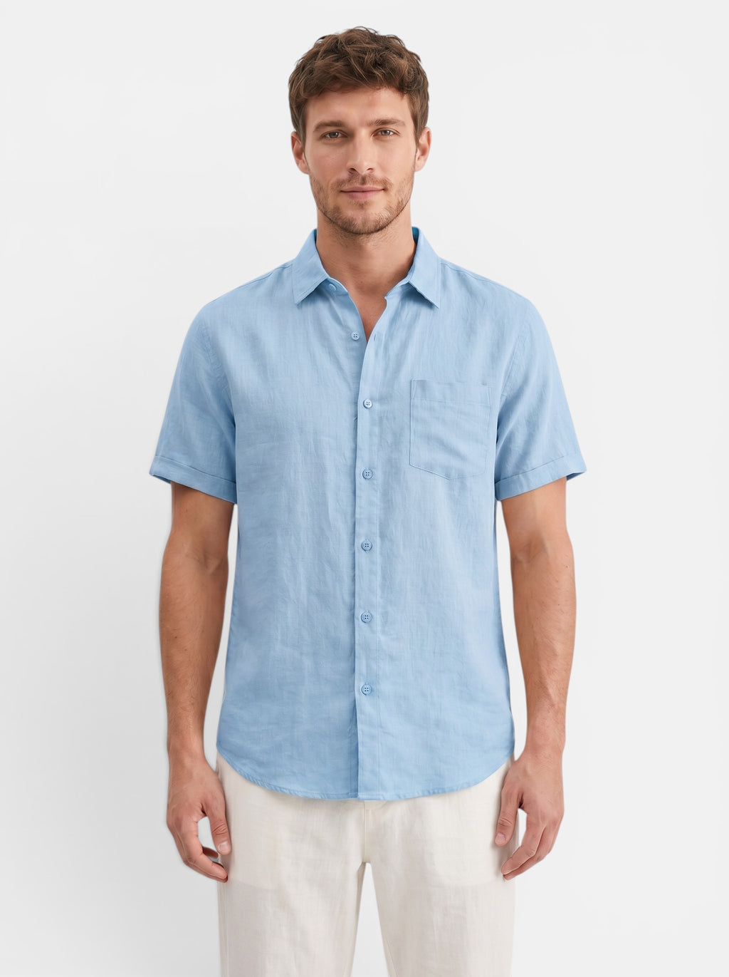 Venatte men's light blue short-sleeve cotton linen blend casual beach shirt with turn-down collar and chest pocket.