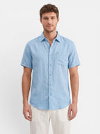 Venatte men's light blue short-sleeve cotton linen blend casual beach shirt with turn-down collar and chest pocket.
