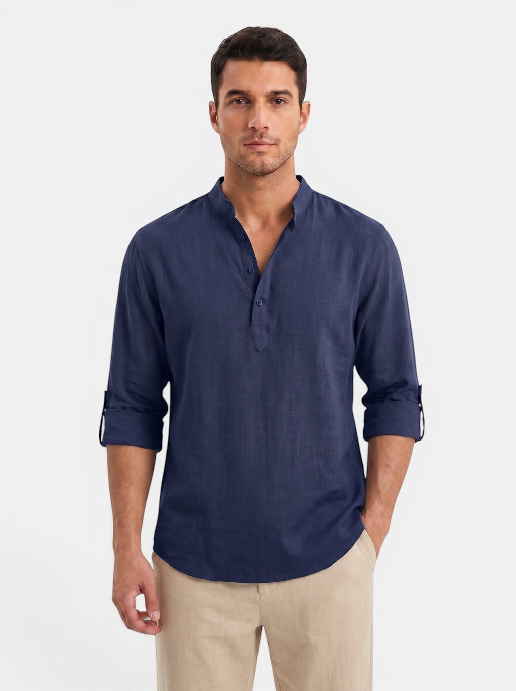 Venatte men's dark blue cotton linen long-sleeve Henley shirt with buttoned placket and rolled cuffs.