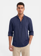 Venatte men's dark blue cotton linen long-sleeve Henley shirt with buttoned placket and rolled cuffs.